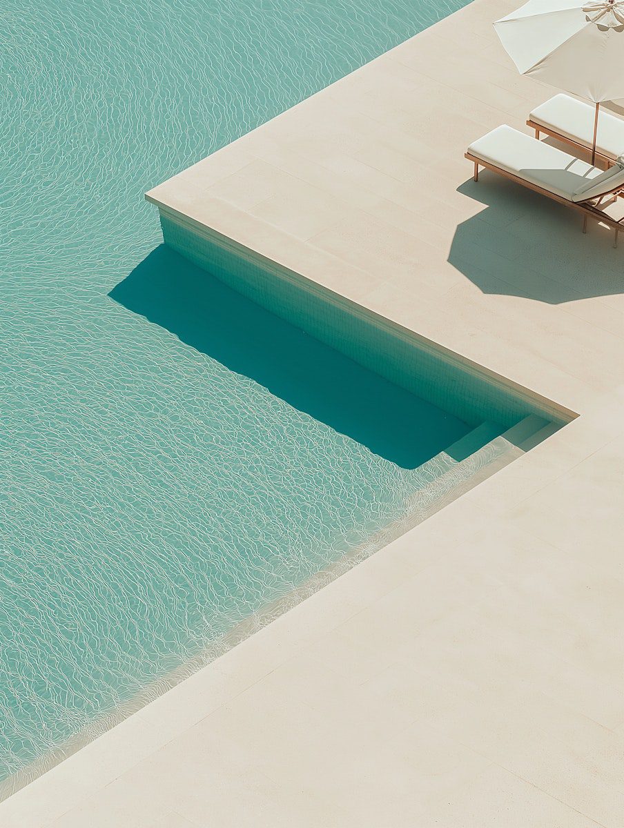 a pool with lounge chairs and a step