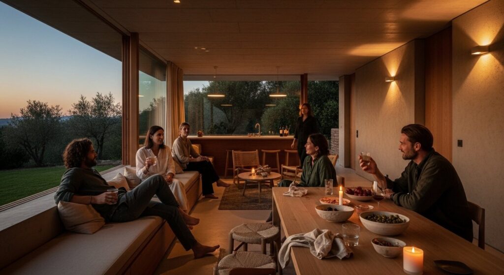 Human connections in sophisticated setting showing luxury lifestyle 2025 prioritizing relationships and experiences over material display