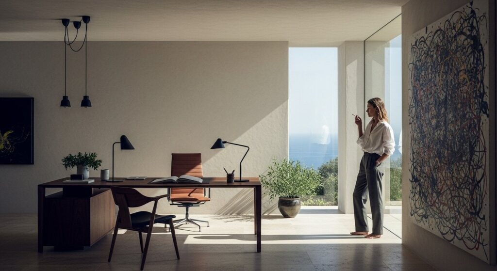 Luxury lifestyle 2025 home workspace emphasizing biophilic design and human-centered luxury over tech displays 