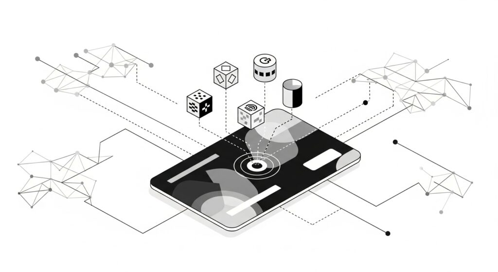 Illustration of NFT membership essentials with digital card, blockchain tokens, and connected network grid