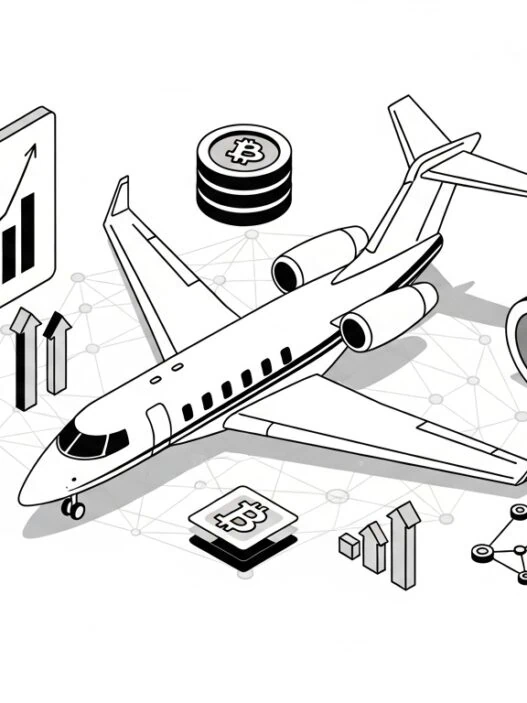 Illustration of Web3 economic revolution in private aviation with blockchain tokens, financial charts, and luxury jet 2025