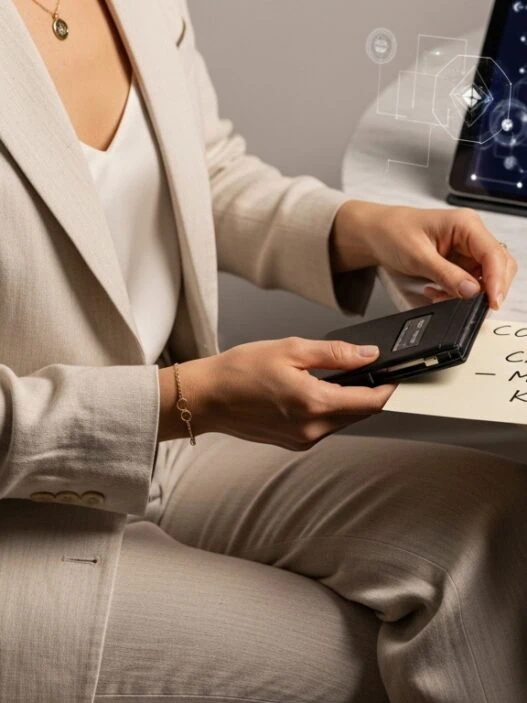 Luxury travel advisor in editorial scene reviewing crypto-native itinerary with blockchain interface and elegant styling.Luxury Travel Advisor Web3
