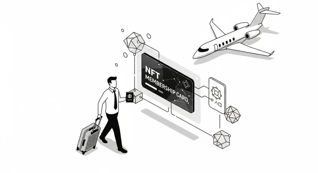 Illustration of smart traveler using NFT membership for luxury travel with blockchain network and private jet