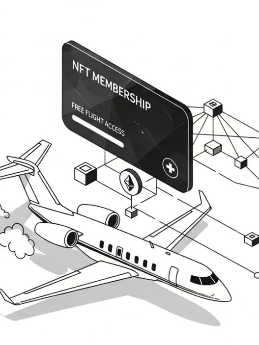 Illustration of NFT membership card unlocking free private jet flight with blockchain network