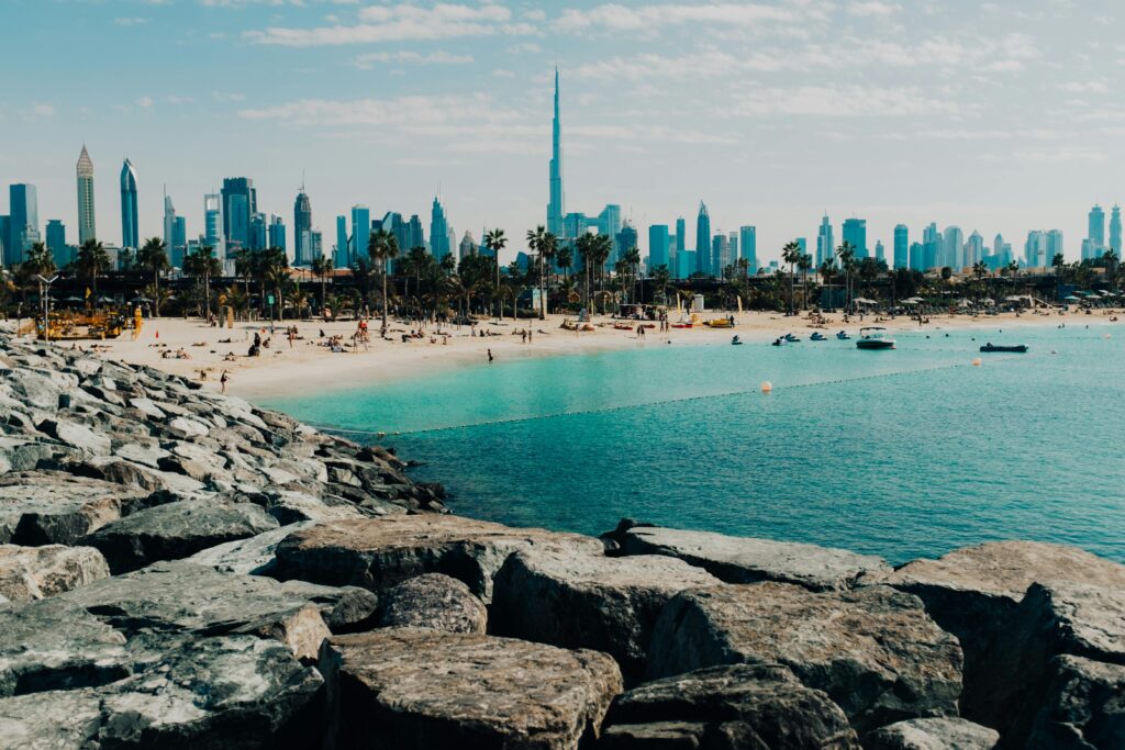 Private jet to Dubai with skyline view of Burj Khalifa
