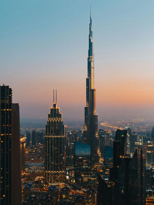 Private jet to Dubai with skyline view of Burj Khalifa