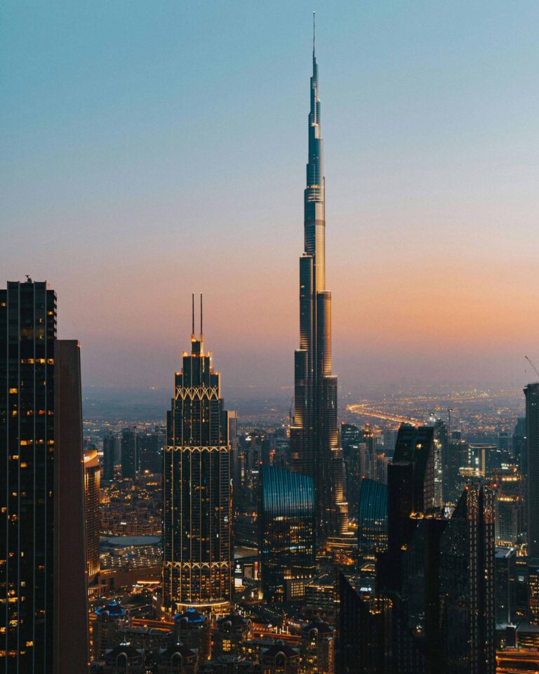 Private jet to Dubai with skyline view of Burj Khalifa