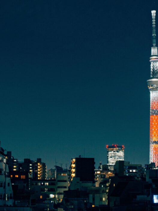 private jet landing in Tokyo with skyline view