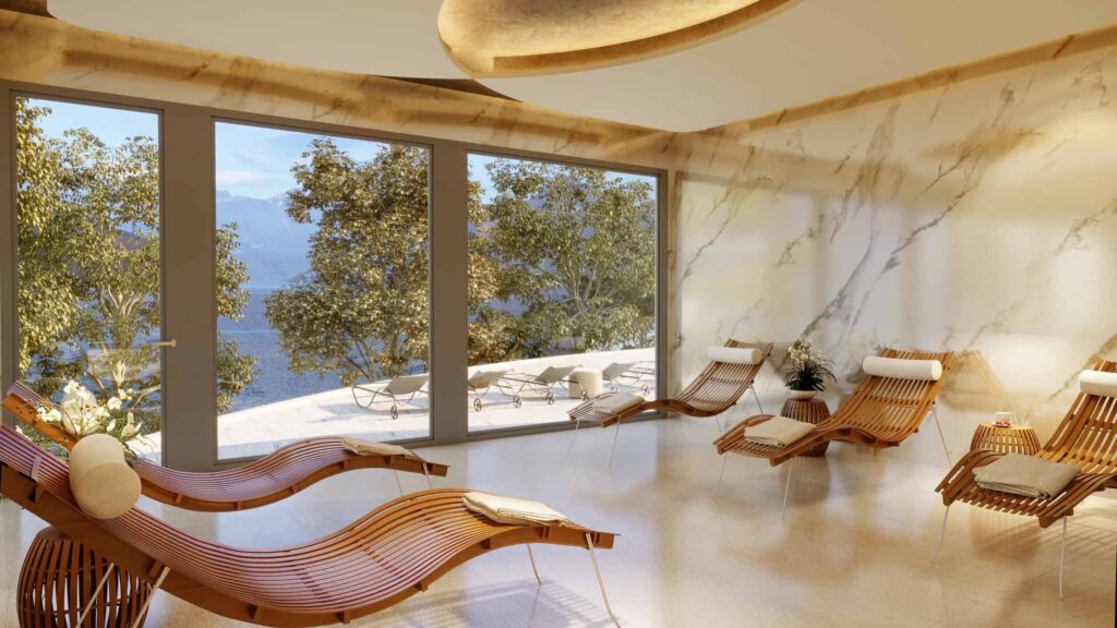 Swiss lakeside luxury wellness retreats 2025 Chenot Palace featuring premium relaxation loungers and mountain views