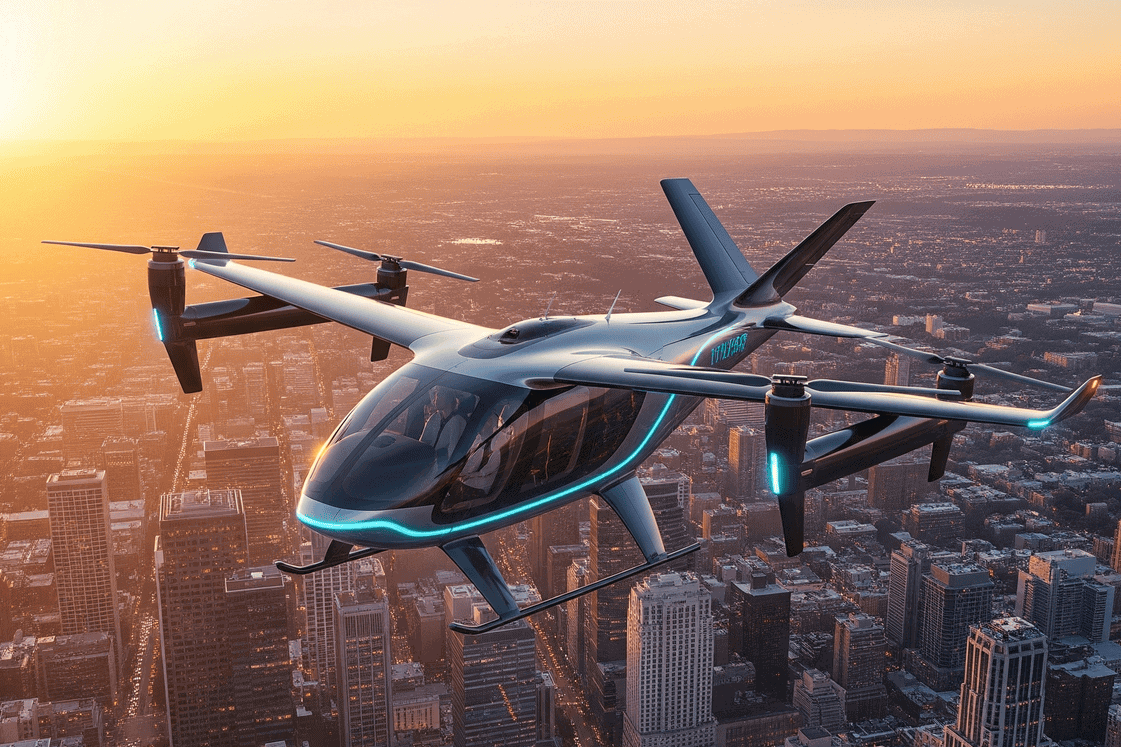 eVTOL launches August 2025 sleek aircraft flying over city skyline at sunset
