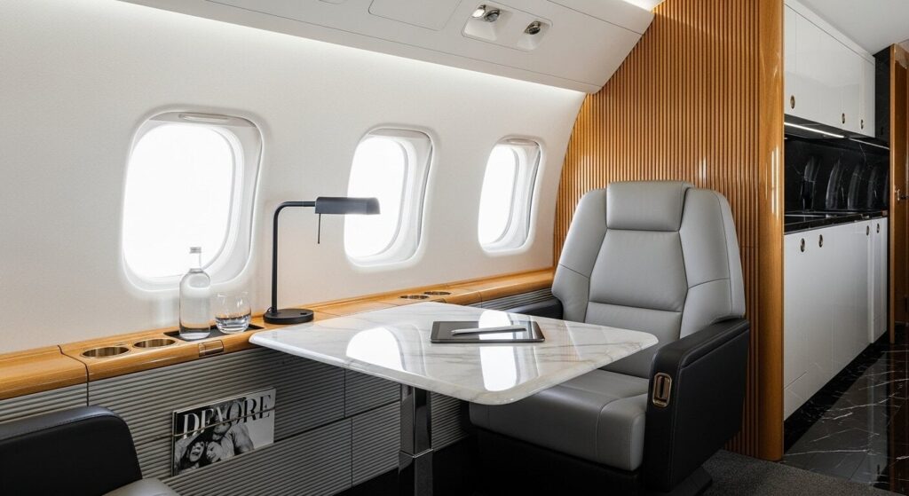 luxury wellness aviation interior designed for wellness travel with spa amenities and healing elements