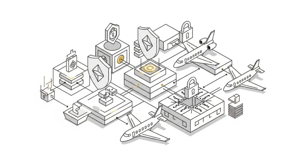 Blockchain luxury travel smart contract execution showing automated payment release, multi-signature security verification, and real-time transaction monitoring for private jet charter agreements with cryptographic security layers