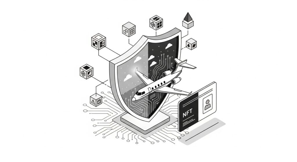 PrivateCharterX security and trust powered by blockchain with digital shield, jet, and NFT membership card