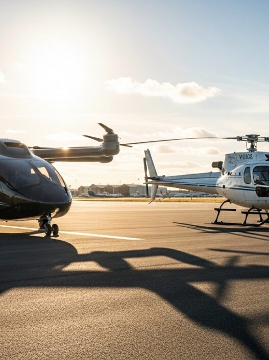 eVTOL vs helicopter side by side comparison on airport tarmac 2025
