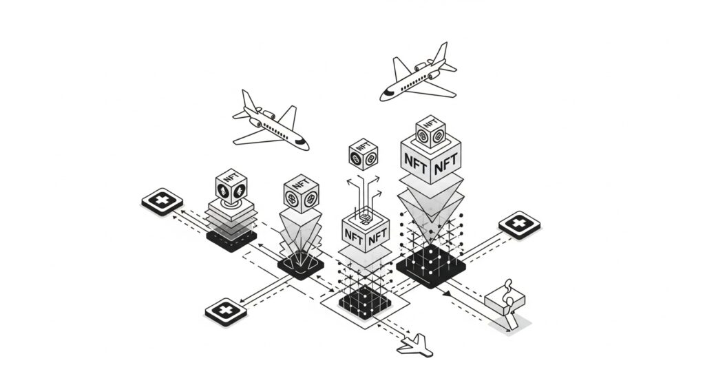 PrivateCharterX network effect showing growing value for everyone with blockchain nodes, NFT tokens, and private jets