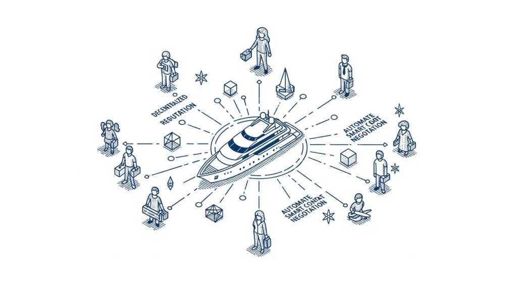 Web3 luxury travel peer-to-peer marketplace showing direct connections between yacht owners and travelers with decentralized reputation systems and automated smart contract negotiations