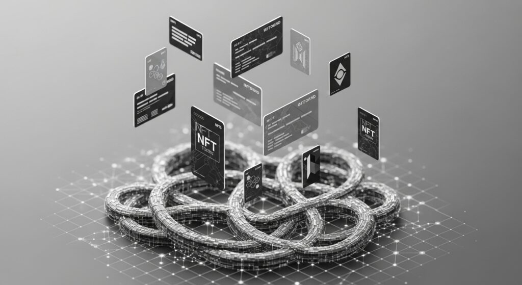 Illustration of NFT health insurance policies as blockchain-based digital coverage cards