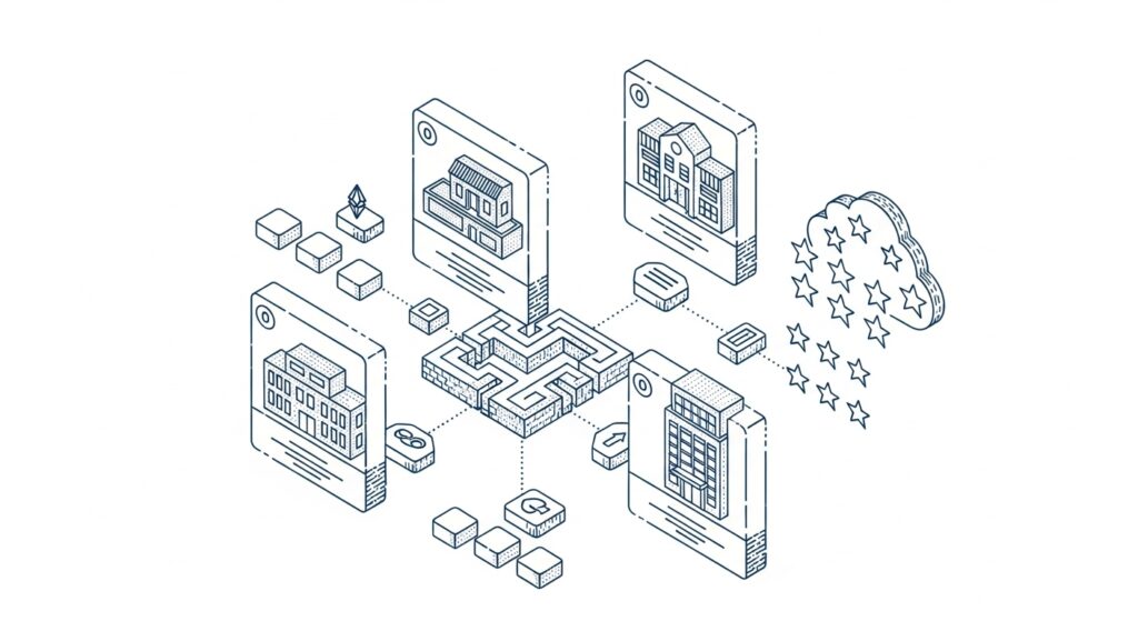 Web3 luxury travel accommodation platform showing blockchain-verified property listings, smart contract rental agreements, and decentralized review systems for exclusive vacation properties