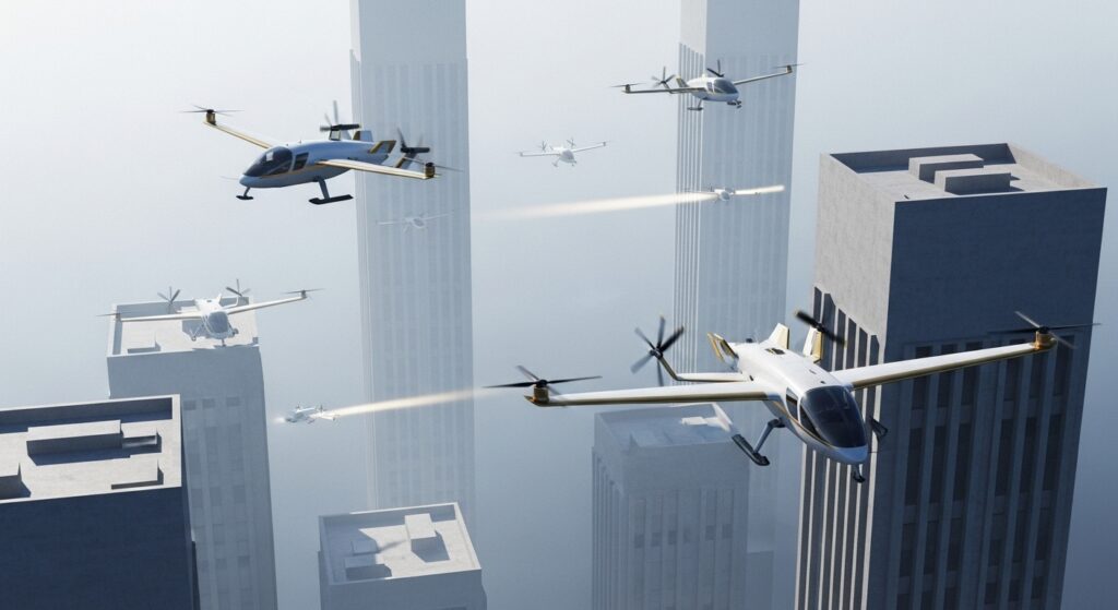 Future electric aircraft outlook 2025 featuring advanced eVTOL designs, charging infrastructure networks, and urban air mobility concepts