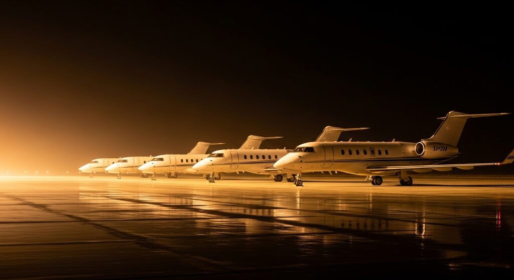 Private jets parked in formation on illuminated wet runway at night, cinematic golden reflections.