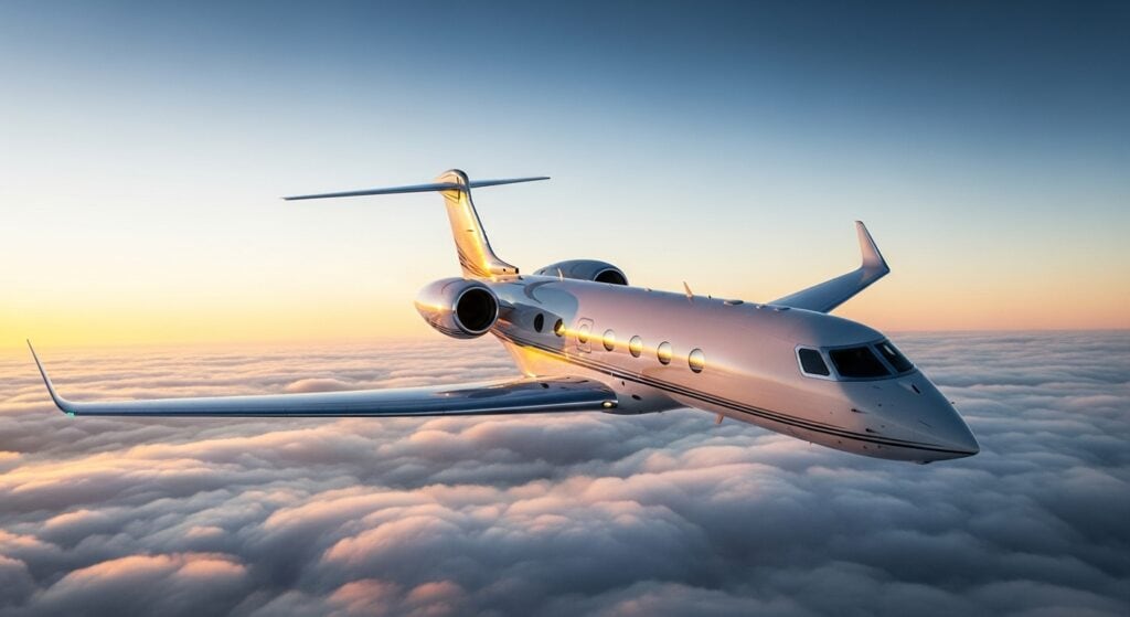 Government aviation transparency blockchain technology represented by Gulfstream G700 private jet flying above clouds in 2025