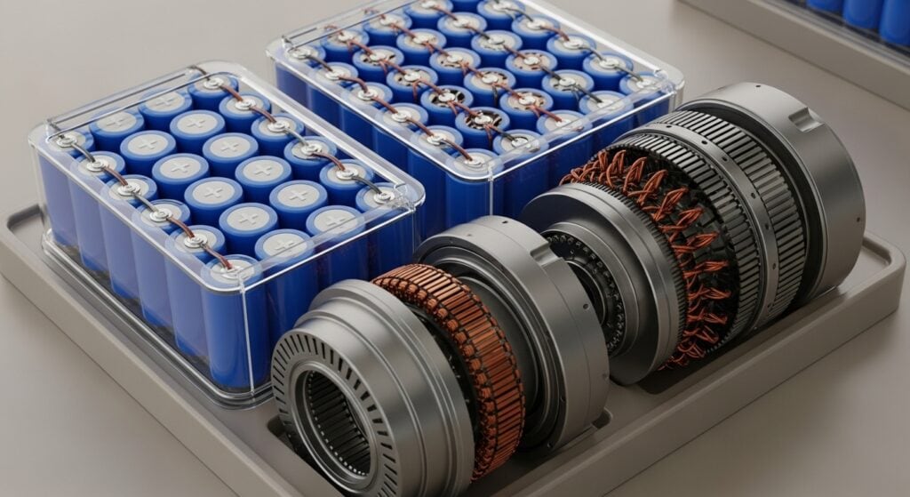 Electric aircraft technology components from leading aviation companies showing battery and propulsion systems