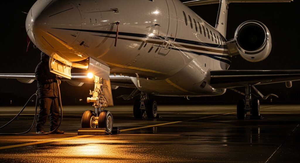 Close-angle night photo of business jet under ramp lights with realistic reflections on wet tarmac.