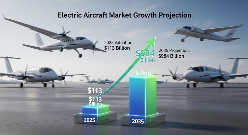 Electric aircraft market 2025 growth projection chart displaying $113 billion current valuation expanding to $984 billion by 2035