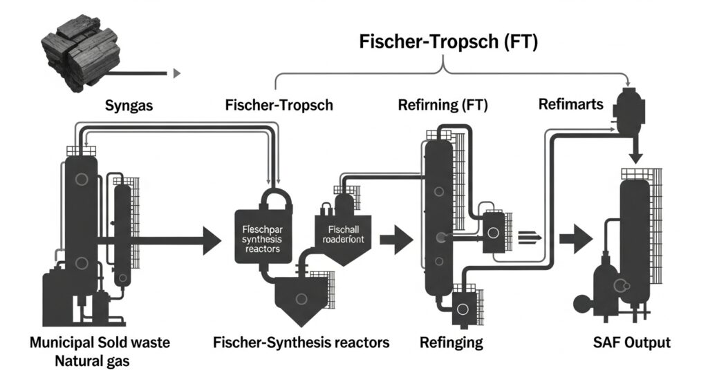 SAF technology pathways comparison showing HEFA ATJ Fischer-Tropsch production methods for sustainable aviation fuel manufacturing 2025