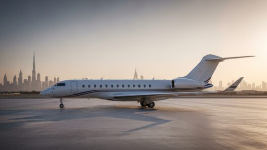 Global mobility trends 2025 private jet Dubai tarmac golden hour representing new wealth status symbols`
