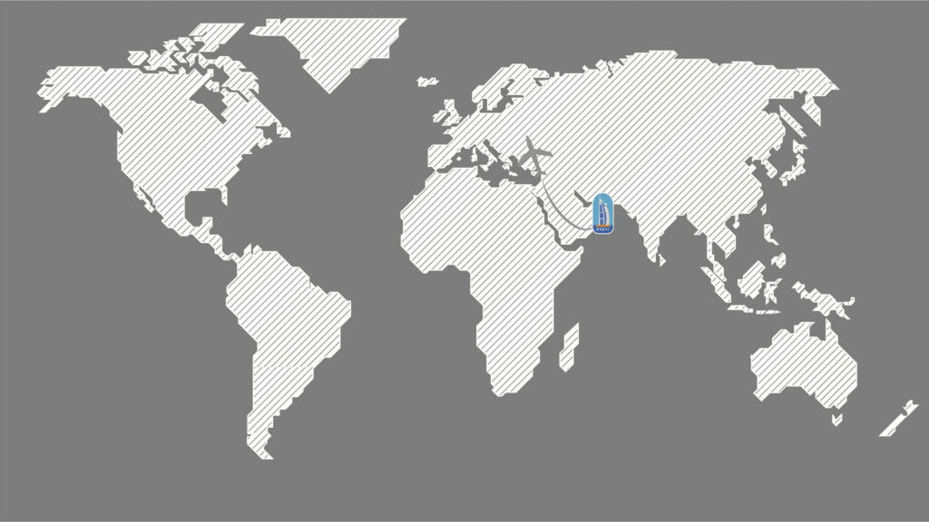 Alt text: Private jet to Dubai routes map showing popular connections from London, New York, Singapore, and other major cities