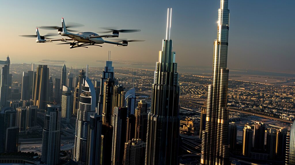 Private jet to Dubai eVTOL integration showing flying taxi connections and vertiport locations
