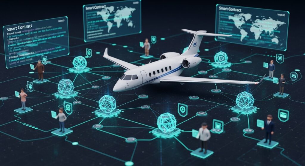 Blockchain tokenization of private jets showing digital token distribution and smart contract automation