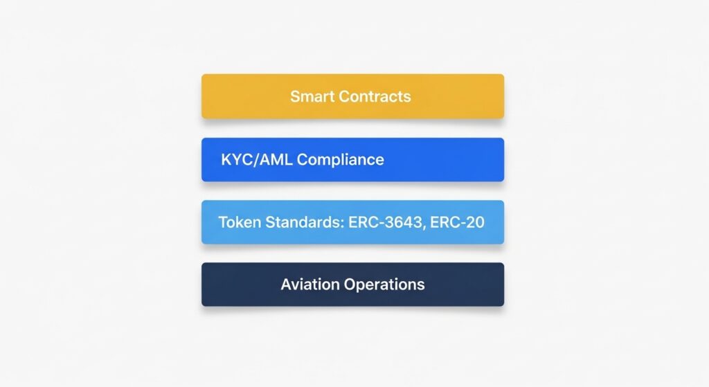 Blockchain aviation tokenization technology stack showing four main layers from operations to smart contracts