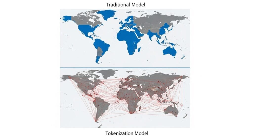 Global aviation access comparison showing Primary Service Area limitations in fractional ownership versus worldwide tokenization coverage