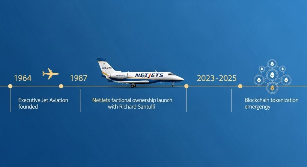 Private aviation evolution timeline from 1964 to 2025 showing fractional jet ownership vs tokenization milestones