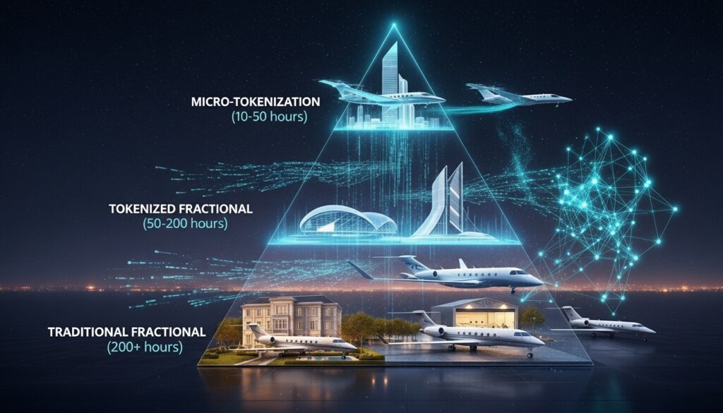 Future aviation access model showing hybrid fractional jet ownership and tokenization tiers