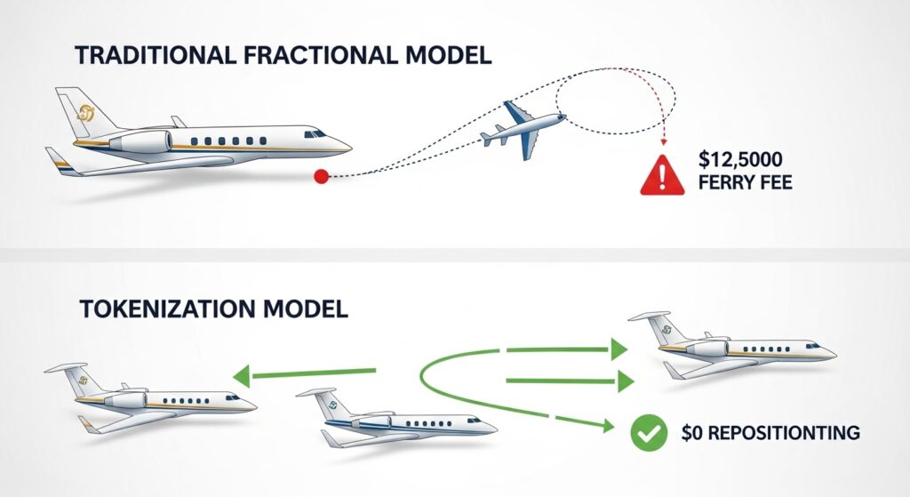 Corporate aviation efficiency comparison showing traditional fractional ownership ferry costs versus tokenization's regional fleet positioning advantages